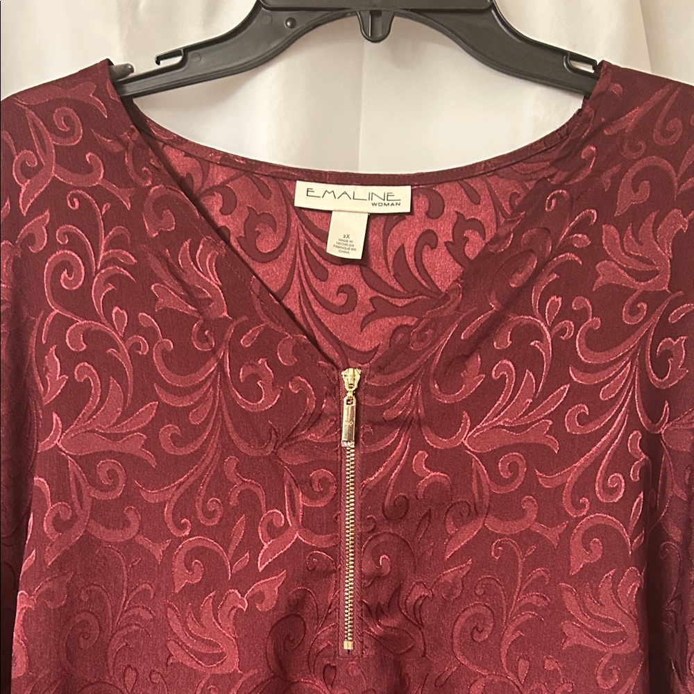 Emaline woman new polyester Burgundy Patterned Blouse with‎ Zip Detail. Size 2x - Picture 3 of 14